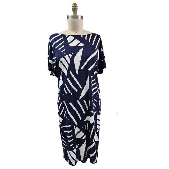 LRL Lauren Ralph Lauren Navy blue/ white geo design Shift dress Viscose Sz  L - Picture 1 of 8